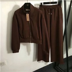 Miumi*, новый спортивный костюм, воротник-стойка с вышитой буквой, куртка на молнии с длинными рукавами + повседневные широкие брюки, коричневый, синий, SML [размер M; ширина плеч 53, обхват груди 104, длина рукава 53, длина одежды 50; Талия 64, резинка, длина 104]