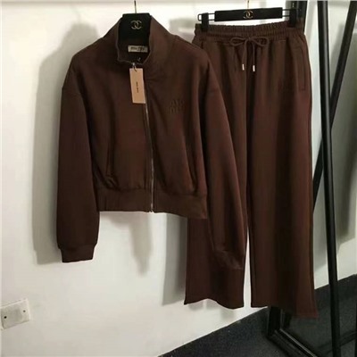 Miumi*, новый спортивный костюм, воротник-стойка с вышитой буквой, куртка на молнии с длинными рукавами + повседневные широкие брюки, коричневый, синий, SML [размер M; ширина плеч 53, обхват груди 104, длина рукава 53, длина одежды 50; Талия 64, резинка, длина 104]