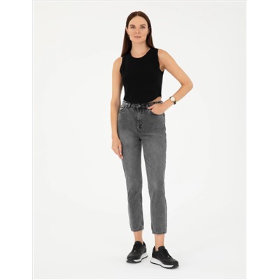 Antrasit Mom High Waist Fit Jean Pantolon