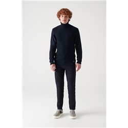 Lacivert Tam Balıkçı Yaka Önü Dokulu Pamuklu Triko Kazak