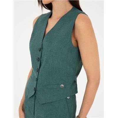 Yeşil Keten Slim Fit Yelek