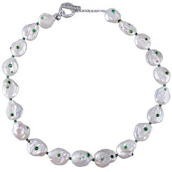 Колье (жемчуг белый, кристаллы зеленые; покрытие родий) 45см, Есть комплект