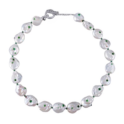 Колье (жемчуг белый, кристаллы зеленые; покрытие родий) 45см, Есть комплект