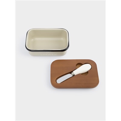 Масленка, 16х11 см, с ножом, металл/дерево, прямоугольная, бежевая, Retro