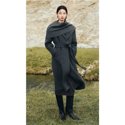 Женское элегантное длинное шерстяное пальто из двусторонней шерсти с капюшоном