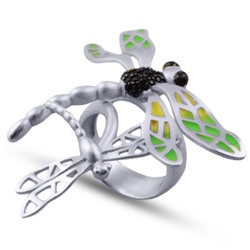 Кольцо Стрекоза (эмаль зеленая, желтая; покрытие матовый родий), Есть комплект