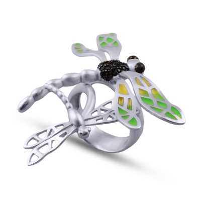 Кольцо Стрекоза (эмаль зеленая, желтая; покрытие матовый родий), Есть комплект