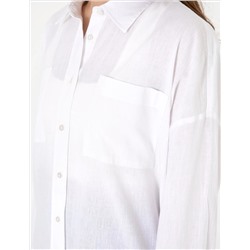 Beyaz Oversize Keten Karışımlı Uzun Kollu Gömlek