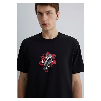 Mavi Baskılı Siyah Tişört Loose Fit / Bol Rahat Kesim 0612809-900