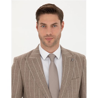 Bej Çizgili Ekstra Slim Fit Yün Takım Elbise