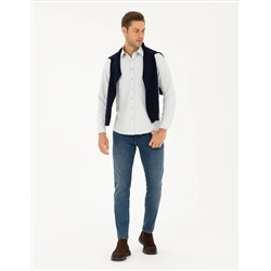 Gri Slim Fit Armürlü Uzun Kollu Gömlek