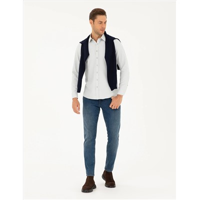 Gri Slim Fit Armürlü Uzun Kollu Gömlek