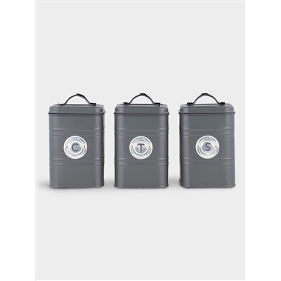 Набор банок для сыпучих продуктов, 3 пр, 1.45 л, h18 см, тёмно-серые, Grantham