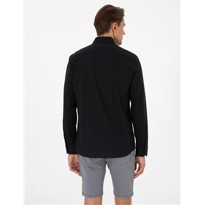 Siyah Keten Görünümlü Slim Fit Uzun Kollu Gömlek