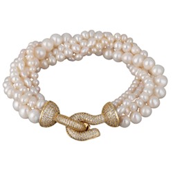 Браслет Течение (жемчуг белый 5-7мм, фианиты белые; покрытие золото) 20см, Есть комплект