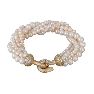 Браслет Течение (жемчуг белый 5-7мм, фианиты белые; покрытие золото) 20см, Есть комплект