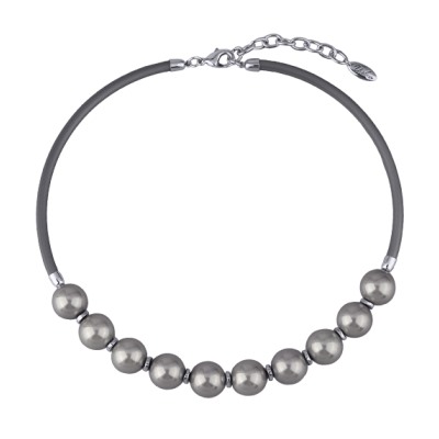 Колье Гевея (Майорка 14мм серо-голубая, каучук серый; покрытие родий) 40-45см, Есть комплект