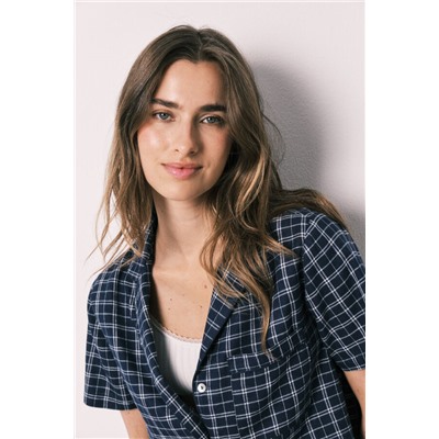 Pijama camisero algodón azul estampado cuadros