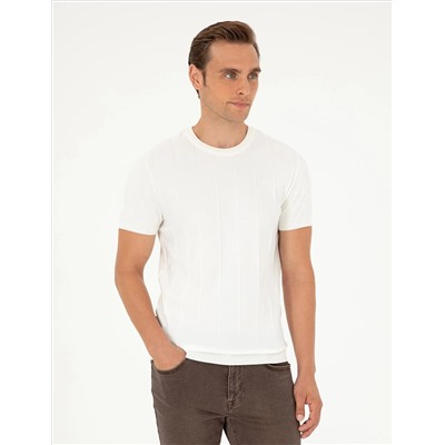 Ekru Slim Fit Bisiklet Yaka Triko Tişört