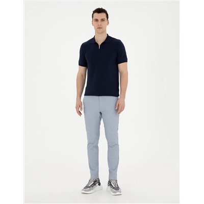 Açık Mavi Slim Fit Gofre Bağcıklı Kanvas Pantolon