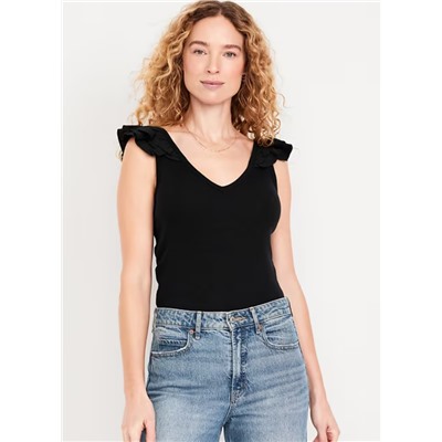 Ruffle-Trim Mixed Material Top
