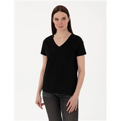 Siyah Regular Fit V Yaka Basic Tişört