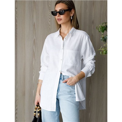 Свободная удлиненная блузка с карманом изо льна с вискозой