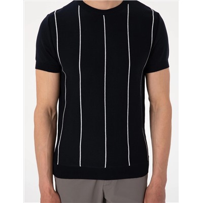 Lacivert Slim Fit  Bisiklet Yaka Çizgili Triko Tişört