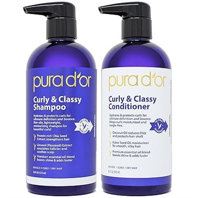PURA D'OR Curly & Classy Shampoo & Conditioner Set for Defined Curls - Nourishing Formula with Argan, Castor, Geranium, Coconut & Kukui Seed Oils