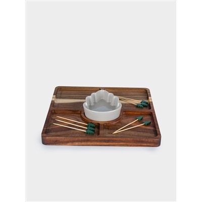 Менажница, 25 см, 4 отд, с пиалой, со шпажками, дерево/керамика D, Шишка