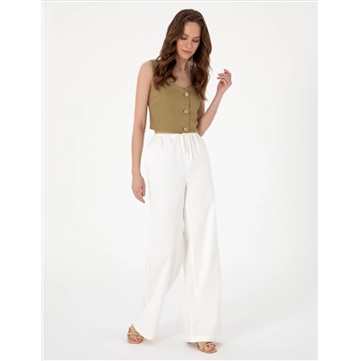 Beyaz Yüksek Bel Loose Fit Pantolon