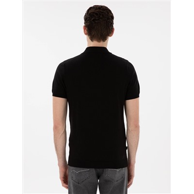 Siyah Slim Fit Düğmeli Polo Yaka Triko Tişört