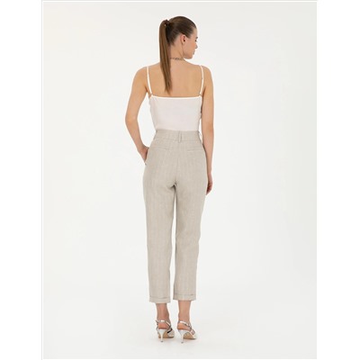 Bej Keten Karışımlı Carrot Fit Pantolon