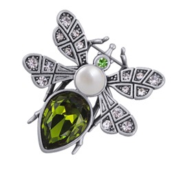 Брошь Мотылек (кристаллы SW зеленые, Майорка; покрытие античное серебро), Есть комплект