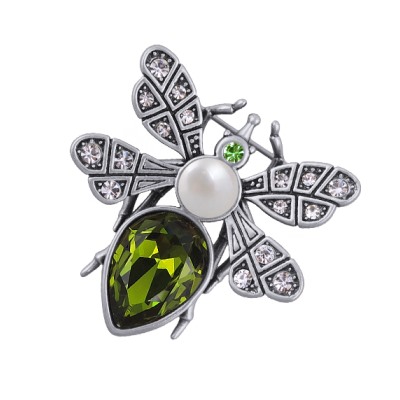 Брошь Мотылек (кристаллы SW зеленые, Майорка; покрытие античное серебро), Есть комплект