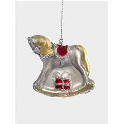 Игрушка елочная, 4 см, стекло, серебристая, Лошадка-качалка, Bright horse