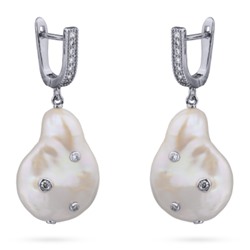 Серьги (жемчуг барочный белый 20мм, фианиты; покрытие родий), Есть комплект