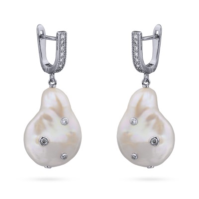 Серьги (жемчуг барочный белый 20мм, фианиты; покрытие родий), Есть комплект