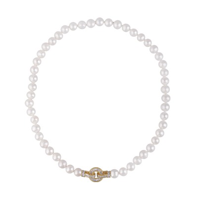 Колье (жемчуг белый 8-9мм, фианит; покрытие золото) 45см, Есть комплект