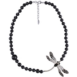 Колье Стрекоза (эмаль серая, черная, агат; покрытие матовый родий) 72см, Есть комплект