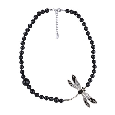 Колье Стрекоза (эмаль серая, черная, агат; покрытие матовый родий) 72см, Есть комплект