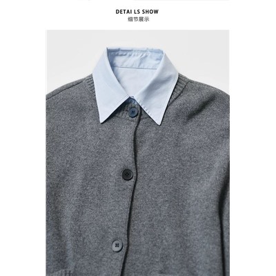 Женский шерстяной кардиган с эффектом многослойности (съёмные манжеты и воротник с застёжкой планкой рубашки)  МО*КО