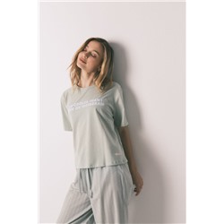 Pijama largo 100% algodón verde estampado rayas