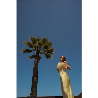 FEATHERED SATIN MIDI DRESS