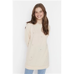 TRENDYOL MODEST Krem Bisiklet Yaka Taş Detaylı Örme Tunik TCTSS22TN0072