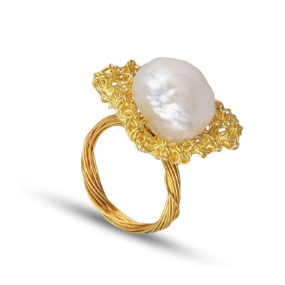 Кольцо (жемчуг белый 13мм; покрытие золото), Есть комплект