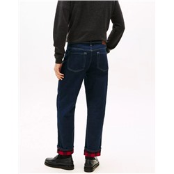 Plaid-Lined Straight Loose Jean