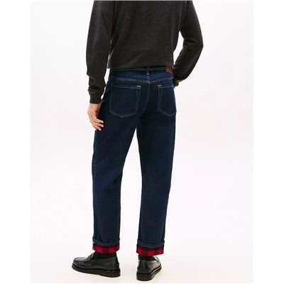 Plaid-Lined Straight Loose Jean