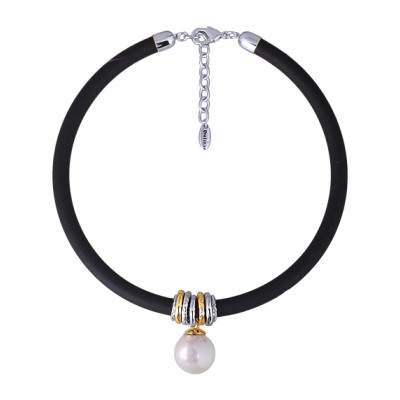 Колье Гевея (Майорка 16мм белая, каучук черный; покрытие родий) 40-45см, Есть комплект