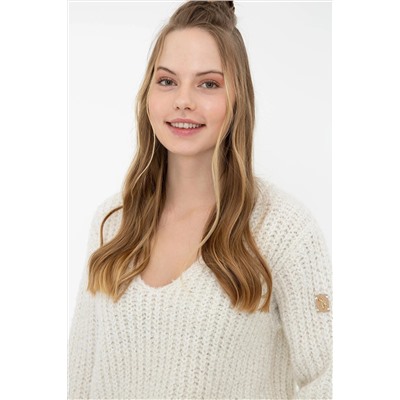 Kadın Krem V - Yaka Kazak